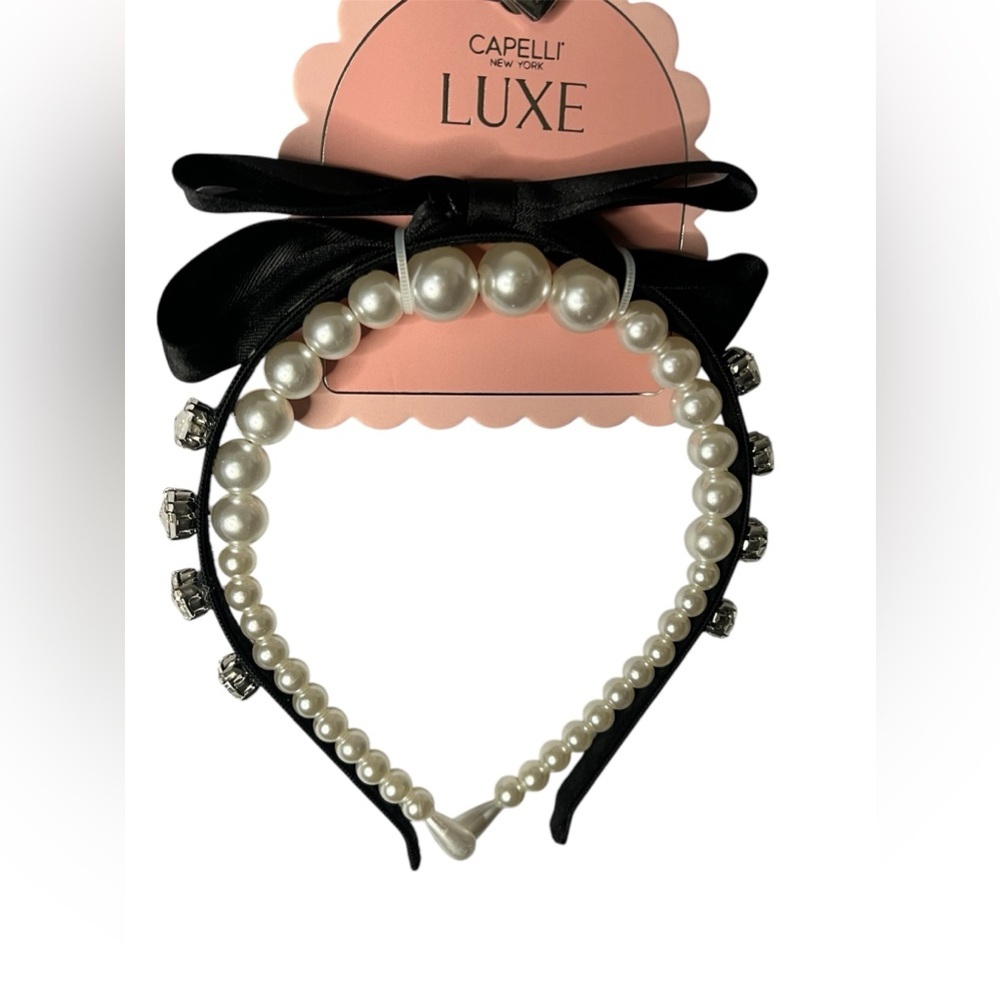 Capelli New York LUXE Beautiful Black Bow and Pearl Headbands 2 Pack